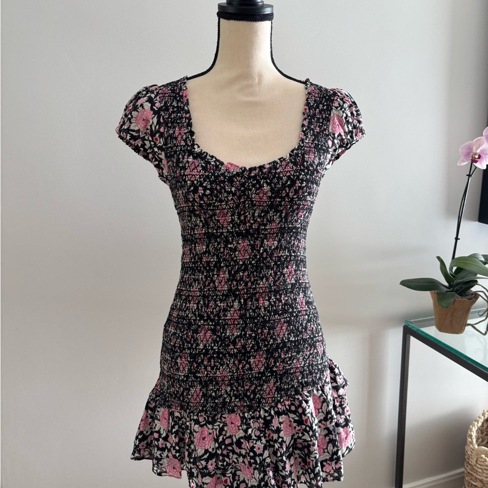 LoveShackFancy Black and Pink Floral Stretch Mini Dress